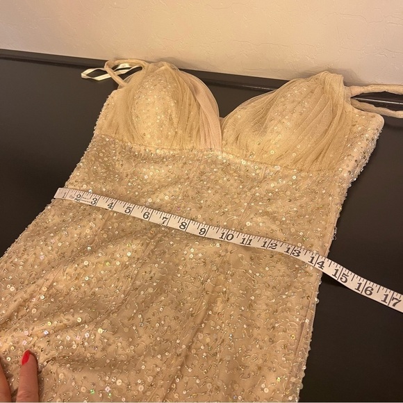 Teri Jon by Rickie Freeman heavily sequinned mermaid style gown, honey beige, 6 - Picture 6 of 16